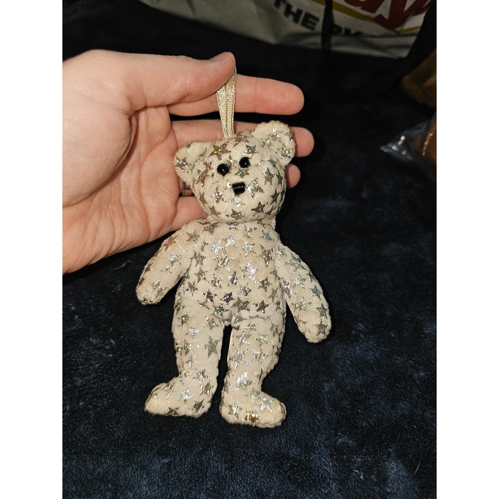 Ty Beanie Baby The Beginning Bear Jingle Beanie Ornament Silver Stars Cream 5in